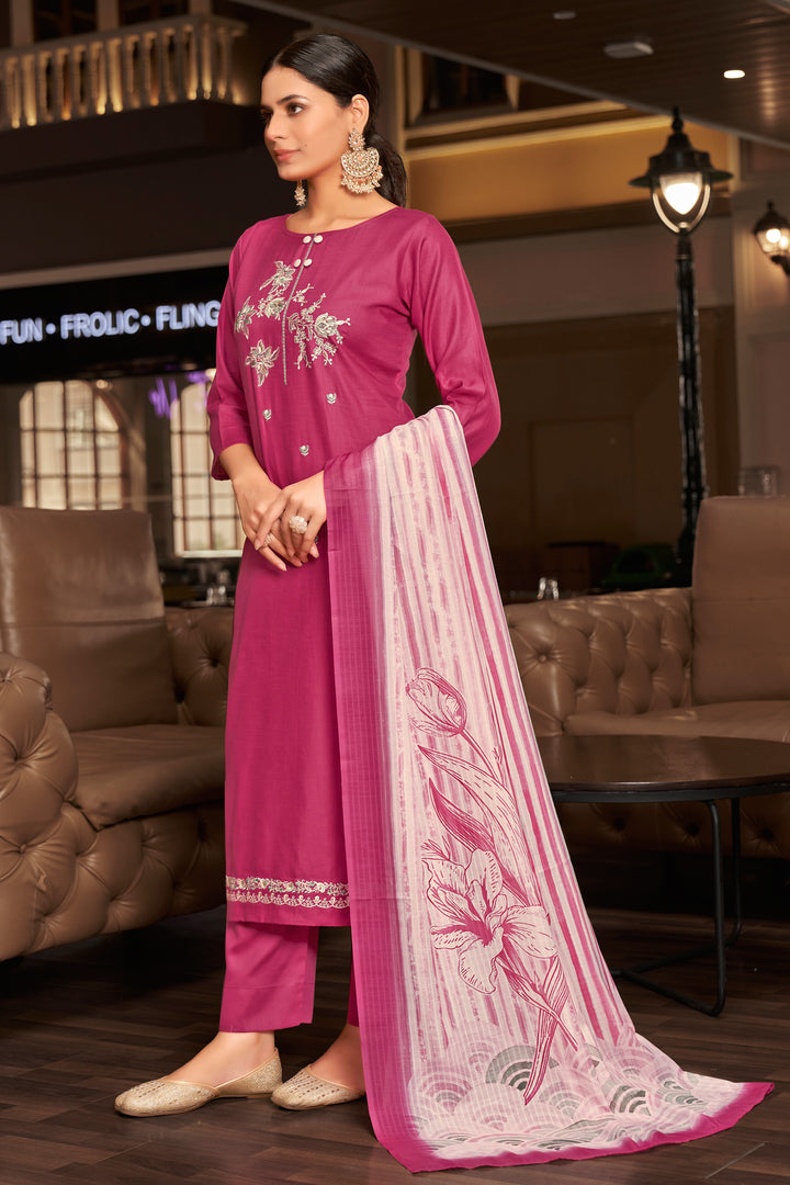 Pink Pure Jaam satin Fancy Embroidery Work Salwar Suit