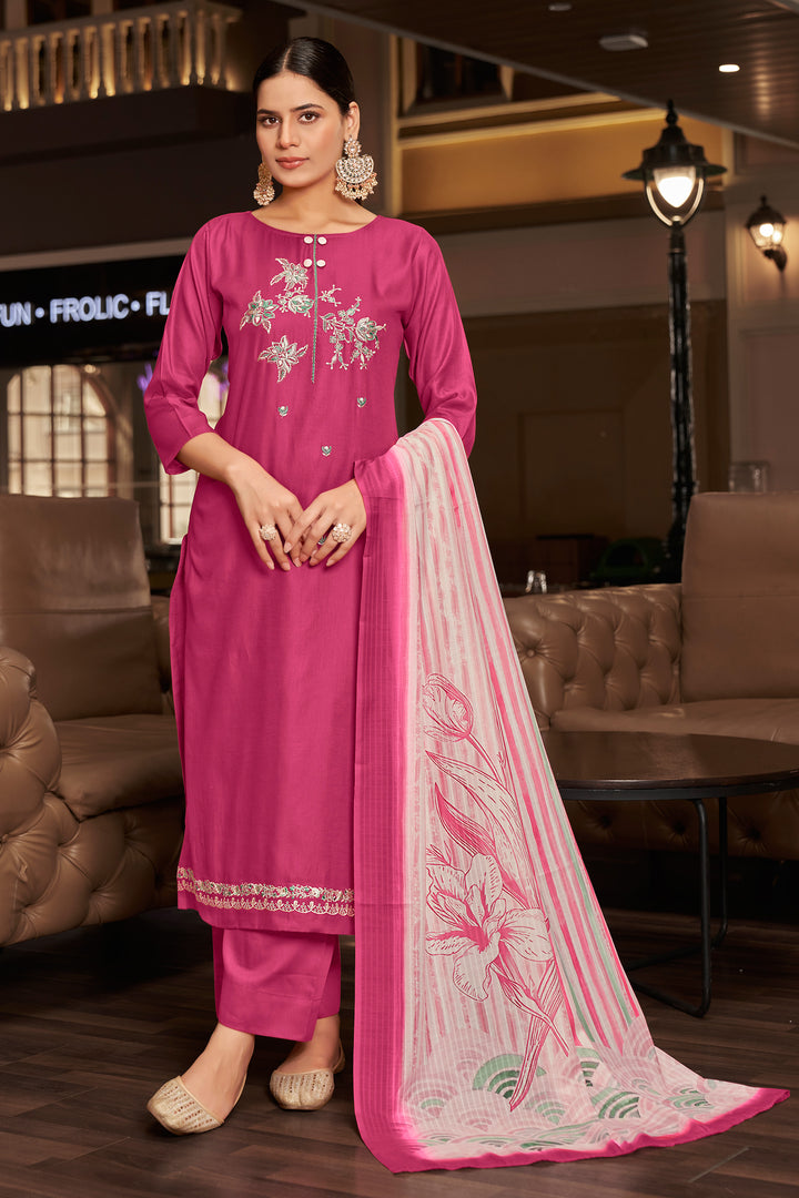 Pink Pure Jaam satin Fancy Embroidery Work Salwar Suit