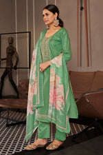 Load image into Gallery viewer, Green Color Pure Jaam satin Fancy Embroidery Work Salwar Suit

