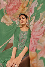 Load image into Gallery viewer, Green Color Pure Jaam satin Fancy Embroidery Work Salwar Suit
