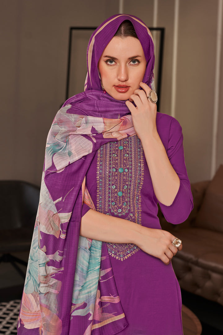 Purple Pure Jaam satin Fancy Embroidery Salwar Kameez