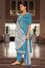 Load image into Gallery viewer, Pure Jaam satin Fancy Embroidery Work Straight Cut suit In Blue Color
