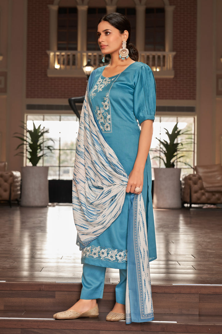 Pure Jaam satin Fancy Embroidery Work Straight Cut suit In Blue Color
