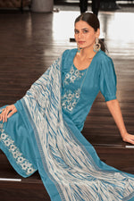 Load image into Gallery viewer, Pure Jaam satin Fancy Embroidery Work Straight Cut suit In Blue Color
