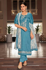 Load image into Gallery viewer, Pure Jaam satin Fancy Embroidery Work Straight Cut suit In Blue Color
