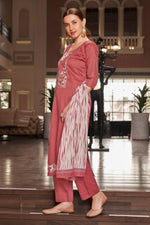 Load image into Gallery viewer, Peach Color Pure Jaam satin Fancy Embroidery Work Straight Cut Suit
