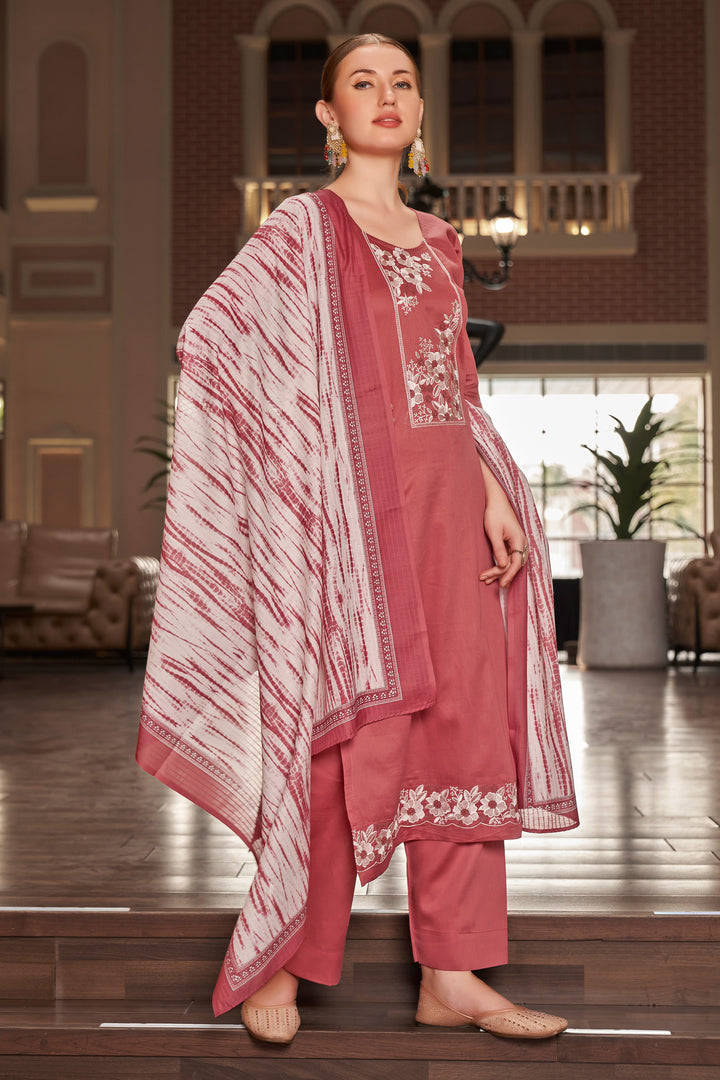Peach Color Pure Jaam satin Fancy Embroidery Work Straight Cut Suit
