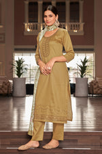 Load image into Gallery viewer, Beige Color Pure Jaam satin Fancy Embroidery Work Salwar Suit
