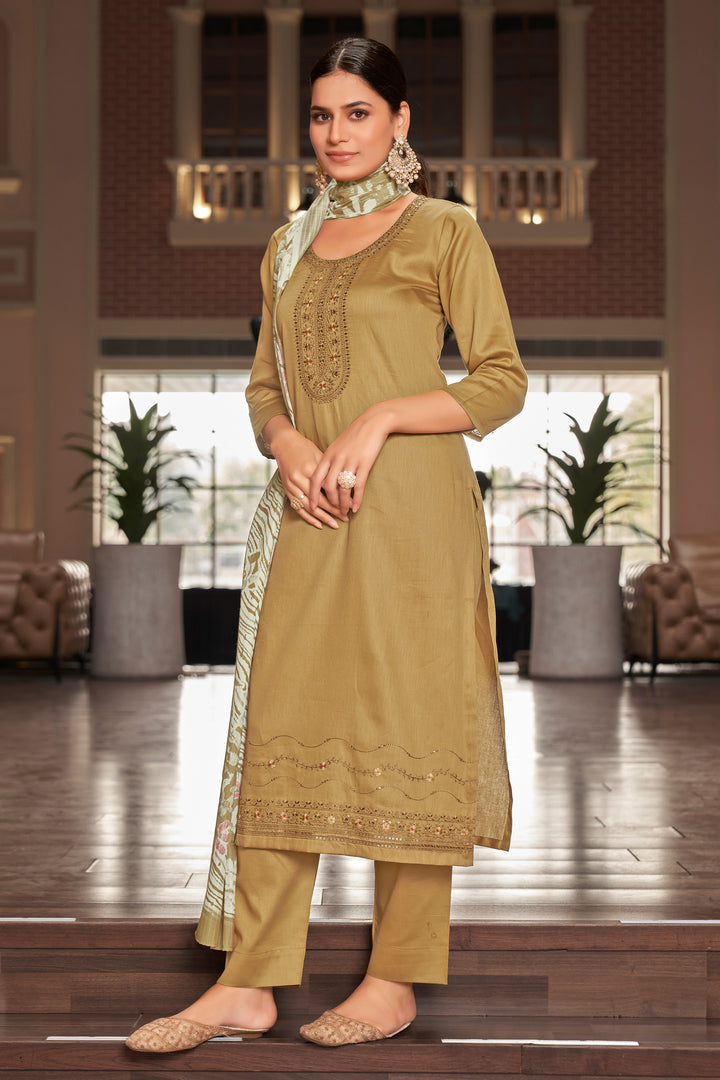 Beige Color Pure Jaam satin Fancy Embroidery Work Salwar Suit