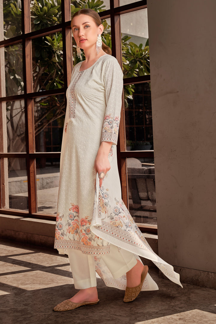 Off White Cotton Digital Printed Embroidery Work salwar suit