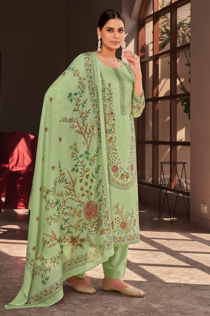 Sea Green Cotton Digital Printed Embroidery Work Salwar Suit