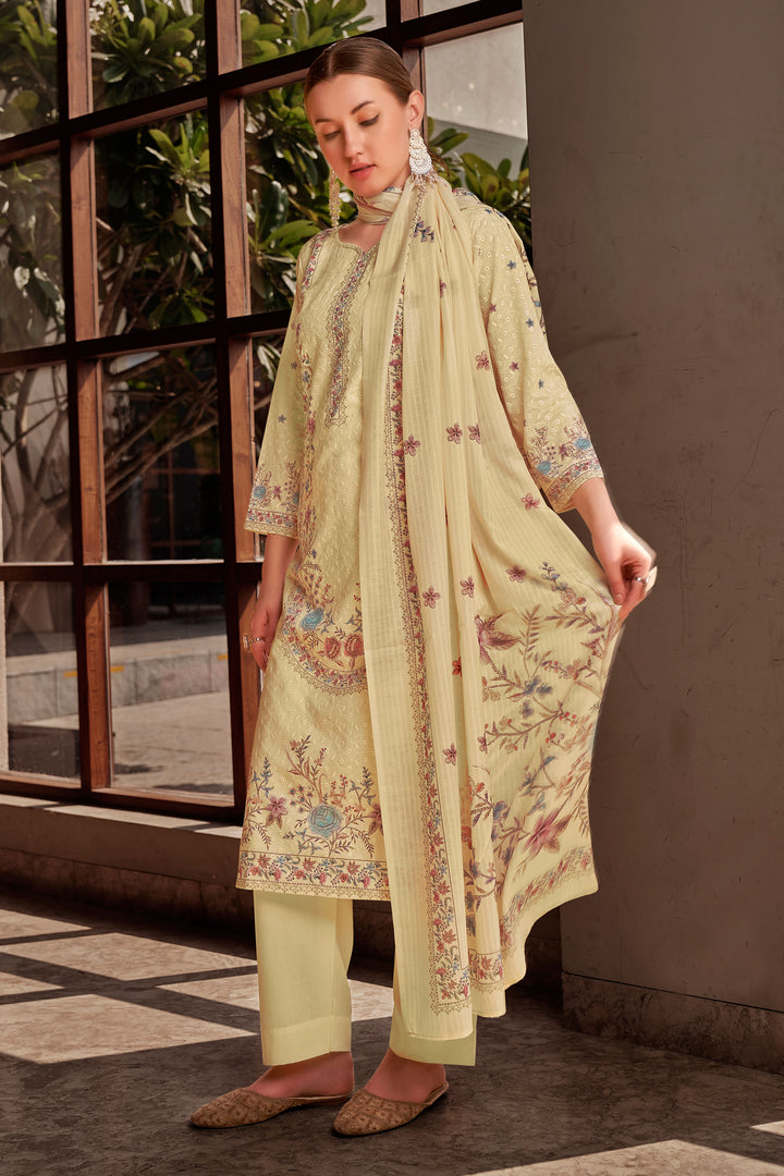 Beige Color Cotton Digital Printed Embroidery Work Salwar Kameez