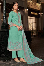 Load image into Gallery viewer, Cotton Digital Printed Embroidery Straight Cut Light Cyan Color Salwar Kameez
