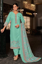 Load image into Gallery viewer, Cotton Digital Printed Embroidery Straight Cut Light Cyan Color Salwar Kameez
