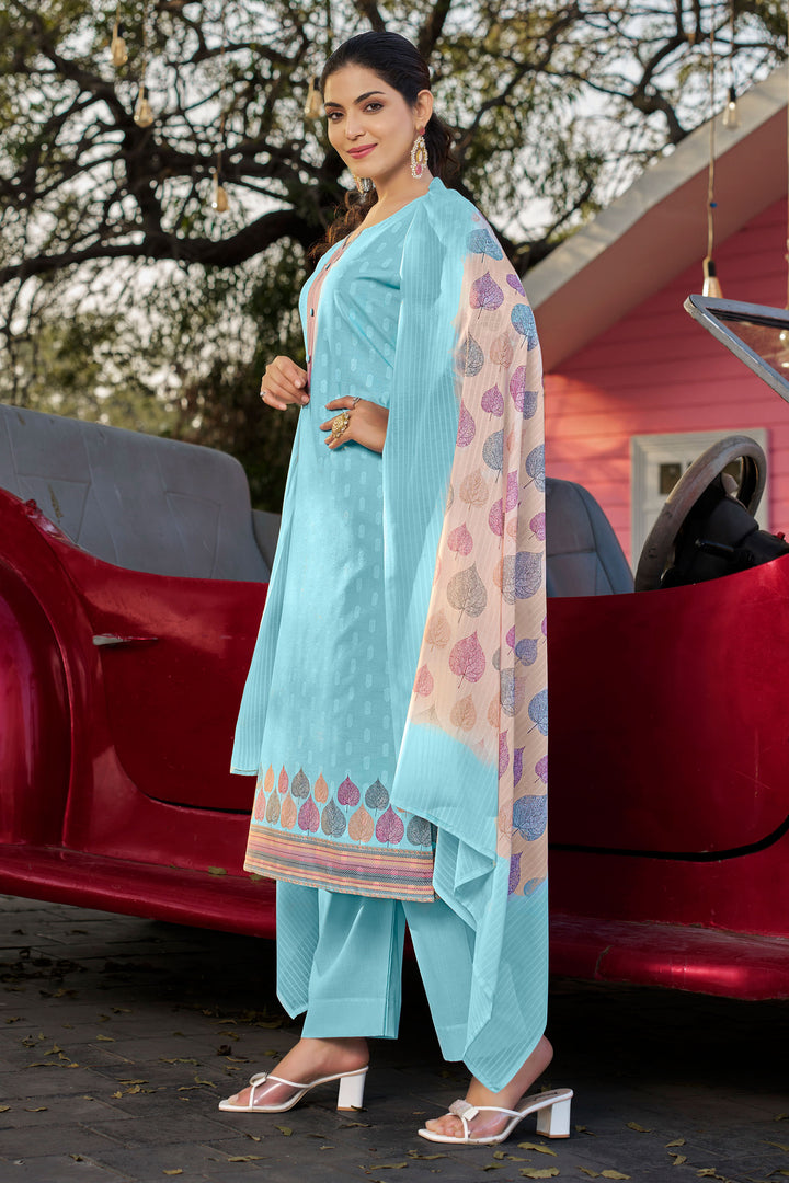 Sky Blue Cotton Butti Digital Printed Work Dress