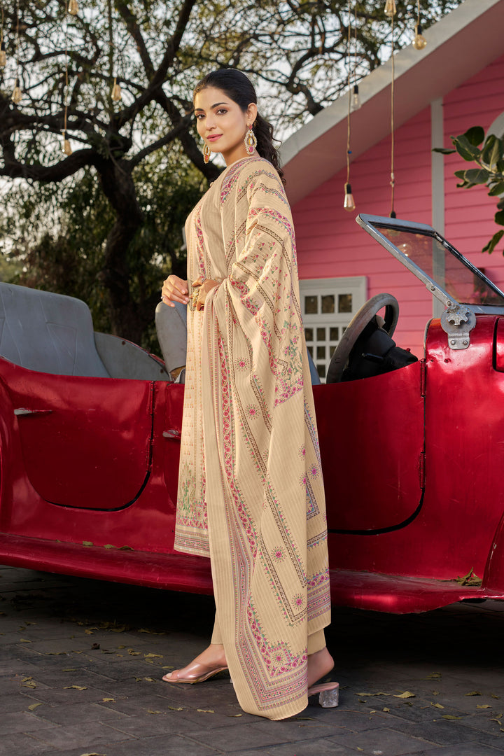 Beige Color Cotton Butti Digital Printed Work Straight Cut Suit