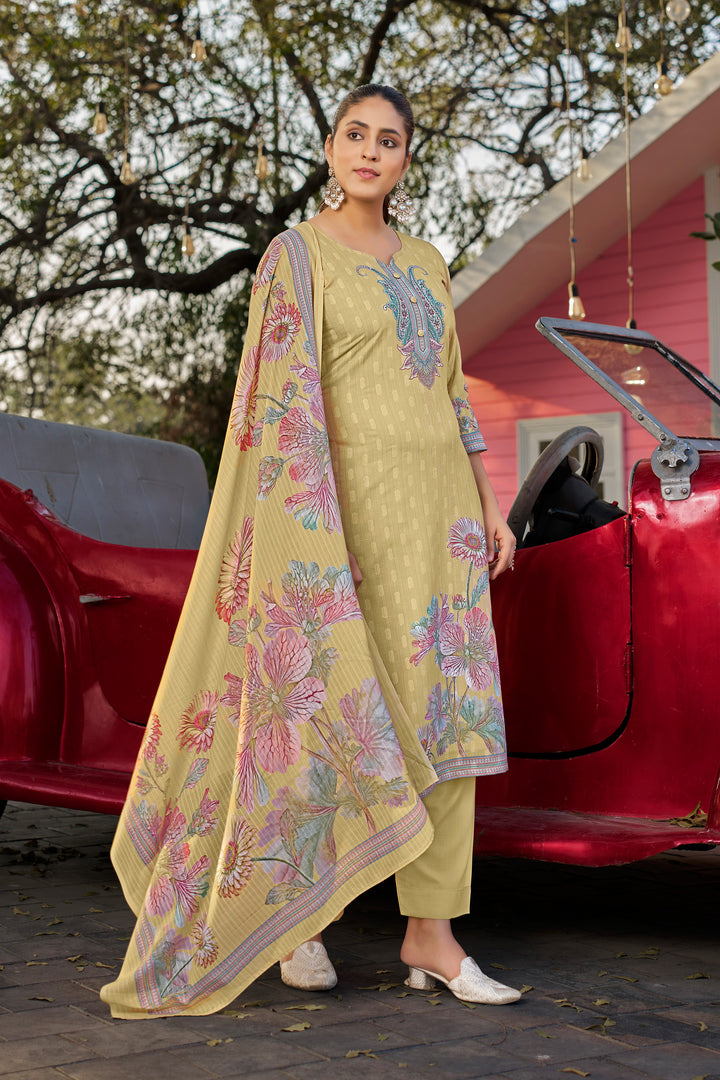 Cotton Butti Digital Printed Straight Cut Dark Beige Color Salwar Kameez