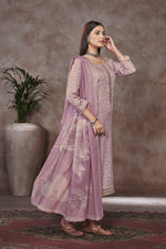 Load image into Gallery viewer, Lavender Color Jaam Satin Digital Prints Yock Daman Embroidery Work Suit

