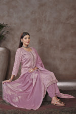 Load image into Gallery viewer, Lavender Color Jaam Satin Digital Prints Yock Daman Embroidery Work Suit
