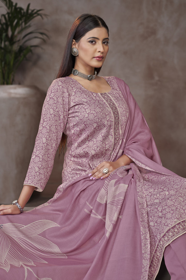 Lavender Color Jaam Satin Digital Prints Yock Daman Embroidery Work Suit