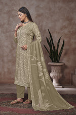 Load image into Gallery viewer, Dark Beige Jaam Satin Digital Prints Yock Daman Embroidery Work Dress
