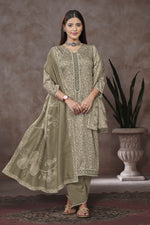 Load image into Gallery viewer, Dark Beige Jaam Satin Digital Prints Yock Daman Embroidery Work Dress

