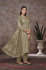 Load image into Gallery viewer, Dark Beige Jaam Satin Digital Prints Yock Daman Embroidery Work Dress
