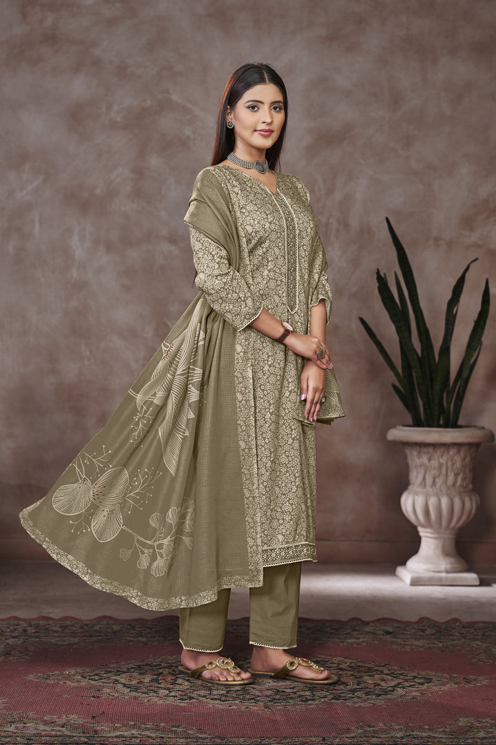 Dark Beige Jaam Satin Digital Prints Yock Daman Embroidery Work Dress