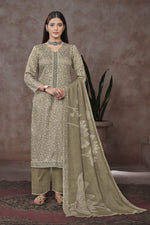 Load image into Gallery viewer, Dark Beige Jaam Satin Digital Prints Yock Daman Embroidery Work Dress
