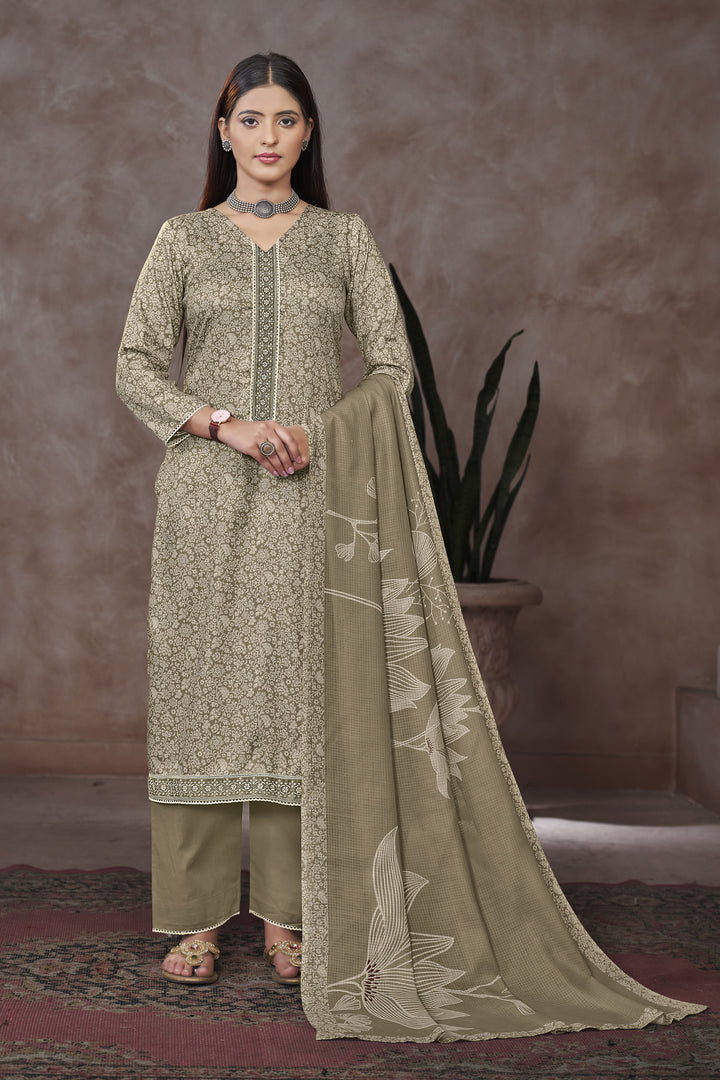 Dark Beige Jaam Satin Digital Prints Yock Daman Embroidery Work Dress