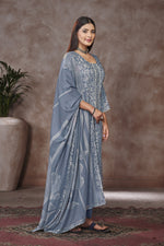 Load image into Gallery viewer, Jaam Satin Digital Prints Yock Daman Embroidery Work Salwar Kameez In Light Gray Color
