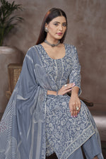 Load image into Gallery viewer, Jaam Satin Digital Prints Yock Daman Embroidery Work Salwar Kameez In Light Gray Color
