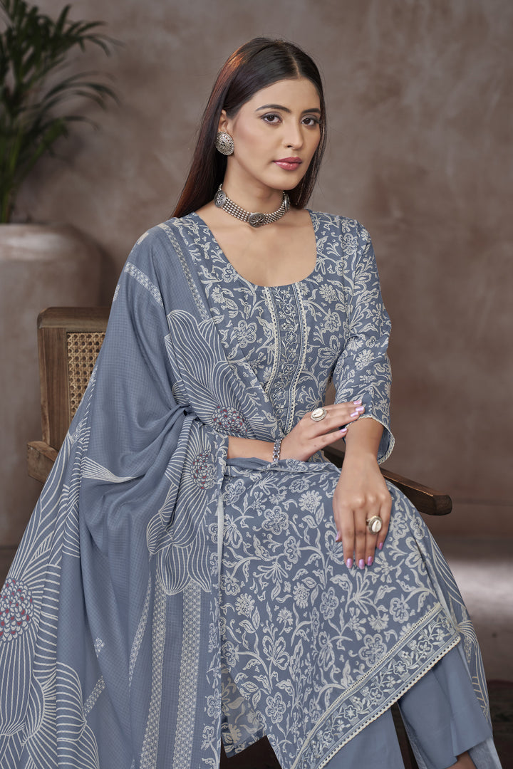 Jaam Satin Digital Prints Yock Daman Embroidery Work Salwar Kameez In Light Gray Color