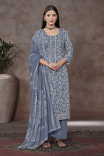 Load image into Gallery viewer, Jaam Satin Digital Prints Yock Daman Embroidery Work Salwar Kameez In Light Gray Color
