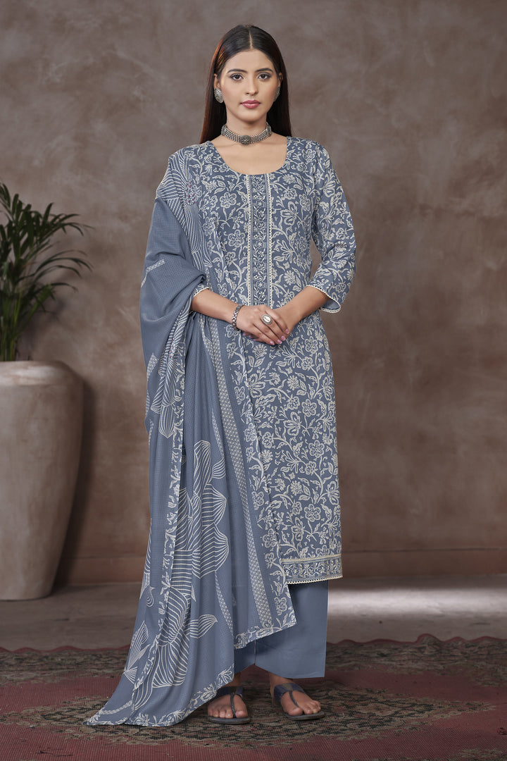 Jaam Satin Digital Prints Yock Daman Embroidery Work Salwar Kameez In Light Gray Color
