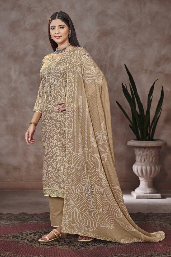 Jaam Satin Digital Print Salwar Suit In Light Brown Color