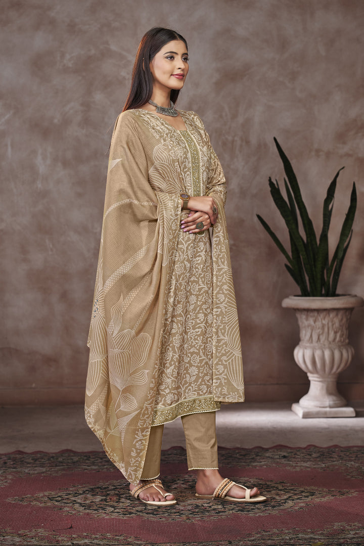 Jaam Satin Digital Print Salwar Suit In Light Brown Color