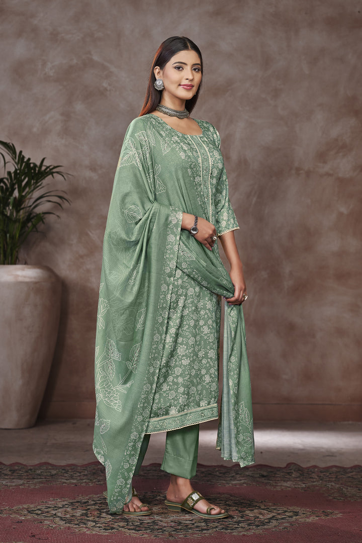 Jaam Satin Sea Green Color Digital Printed Dress