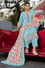 Load image into Gallery viewer, Sky Blue Cotton Butti Digital Printed Work Dress
