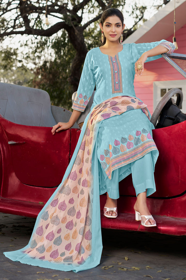 Sky Blue Cotton Butti Digital Printed Work Dress