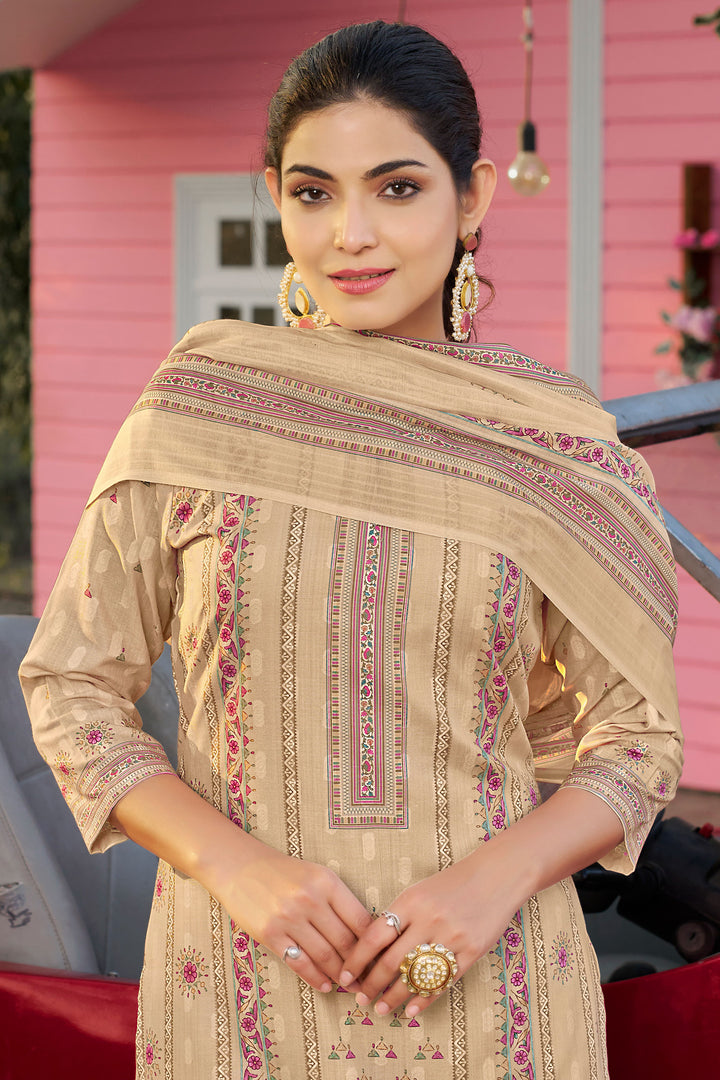 Beige Color Cotton Butti Digital Printed Work Straight Cut Suit