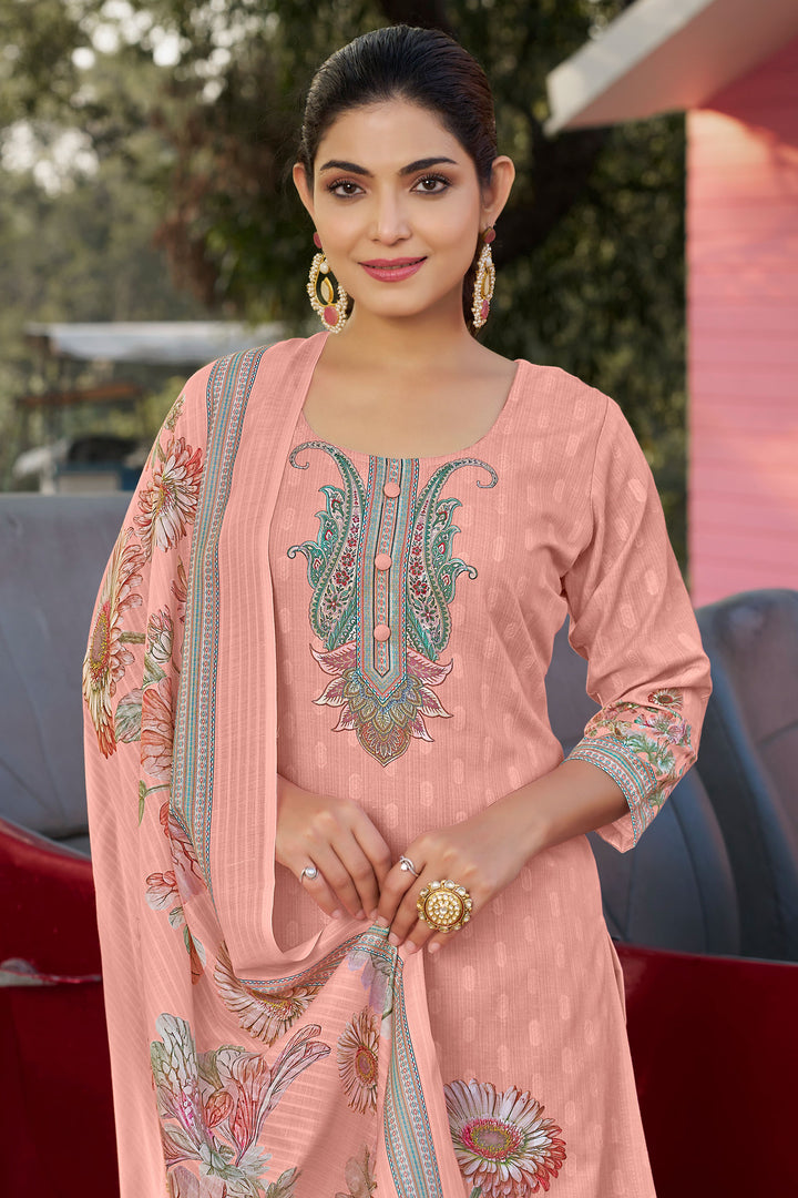 Peach Color Cotton Butti Digital Printed Work Straight Cut Salwar Suit