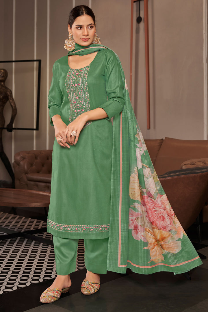 Green Color Pure Jaam satin Fancy Embroidery Work Salwar Suit