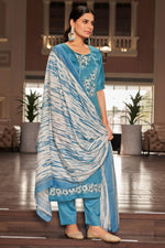 Load image into Gallery viewer, Pure Jaam satin Fancy Embroidery Work Straight Cut suit In Blue Color
