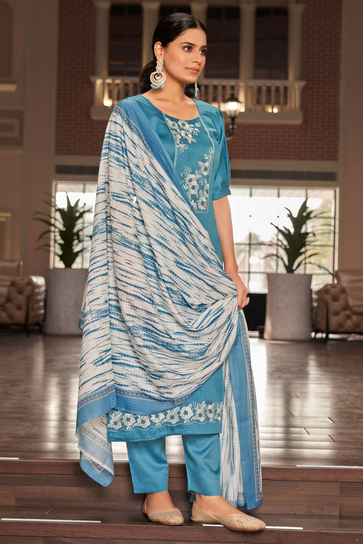 Pure Jaam satin Fancy Embroidery Work Straight Cut suit In Blue Color