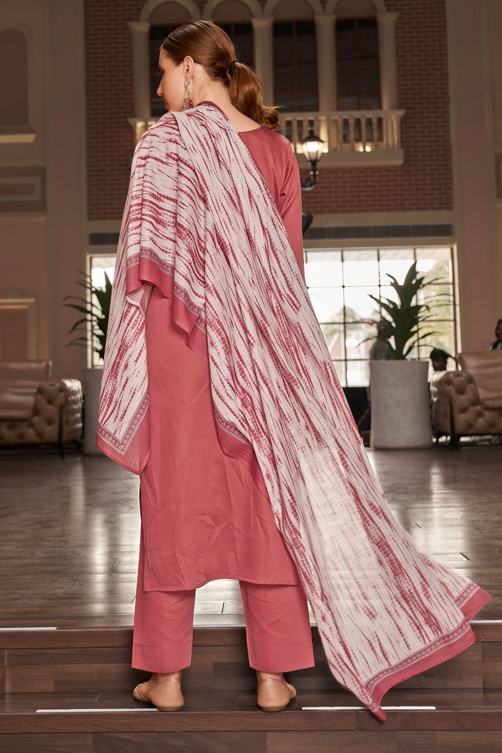 Peach Color Pure Jaam satin Fancy Embroidery Work Straight Cut Suit