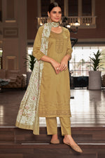 Load image into Gallery viewer, Beige Color Pure Jaam satin Fancy Embroidery Work Salwar Suit

