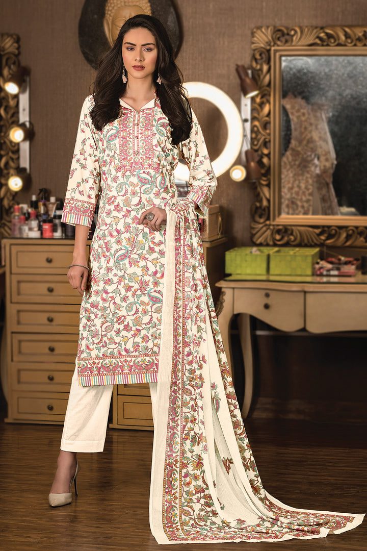 Cream Cotton Digital Print Fancy Suit
