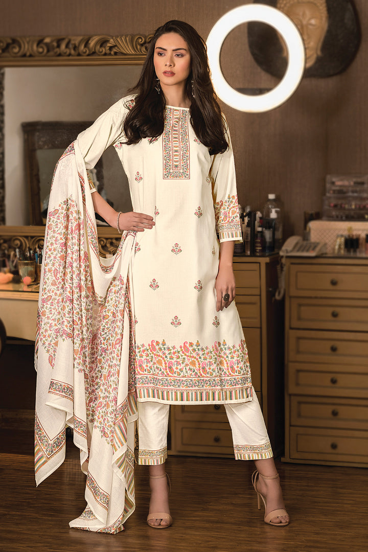 Cotton Digital Print Fancy Dress In Cream Color