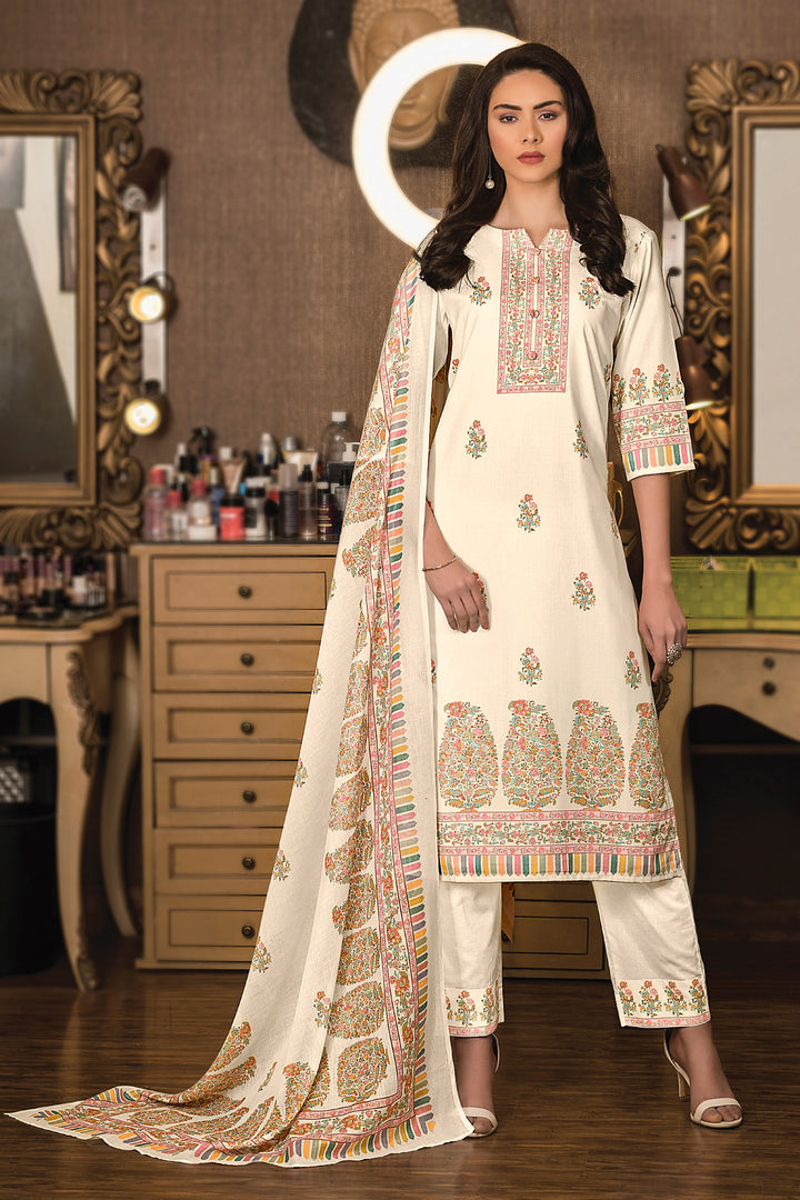 Cotton Digital Print Cream Color Fancy Salwar Suit